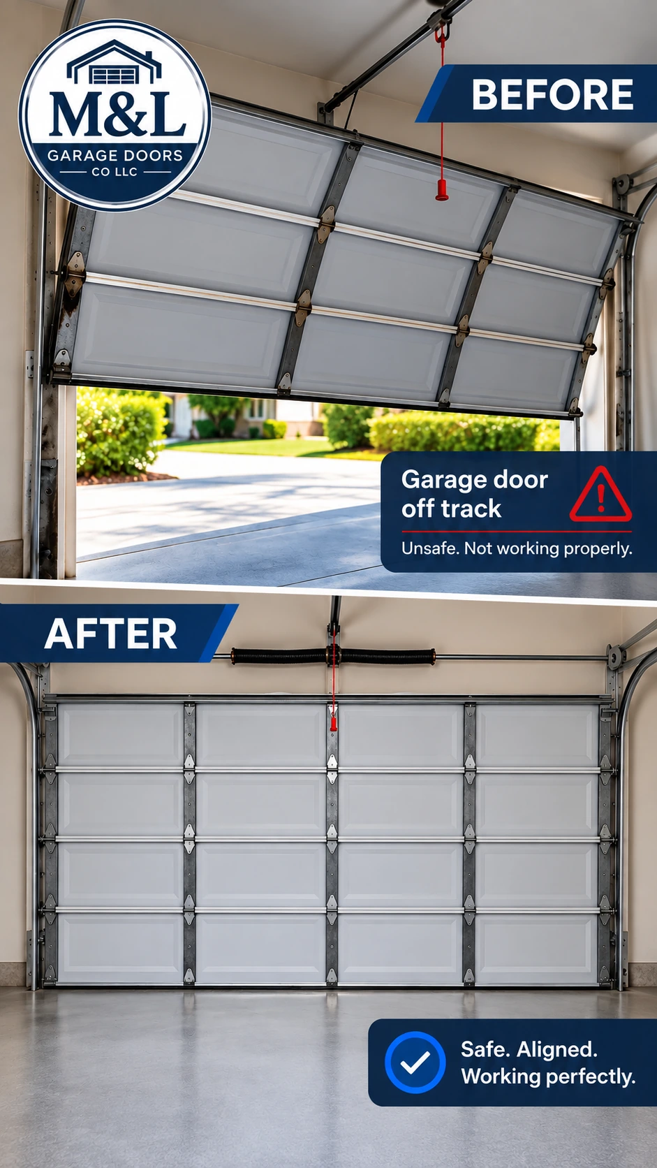 M&L Garage Doors: before and after of an off-track garage door repair