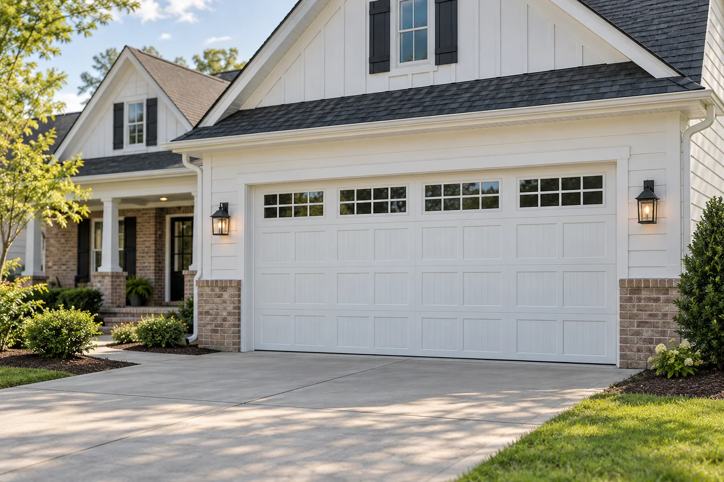 Illustrative home exterior with a white sectional garage door and landscaped driveway