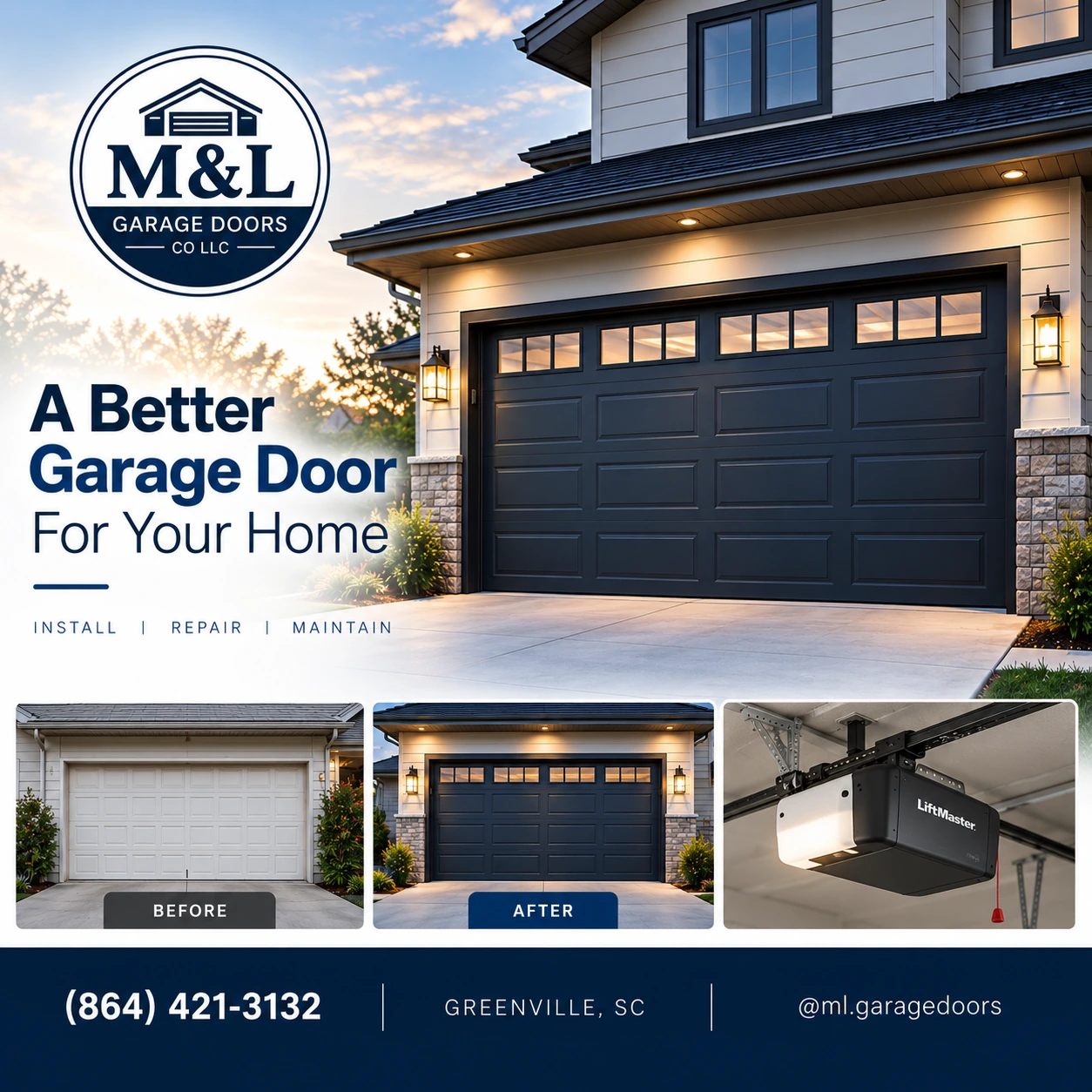 M&L Garage Doors flyer with installation, repair and maintenance services in Greenville, South Carolina